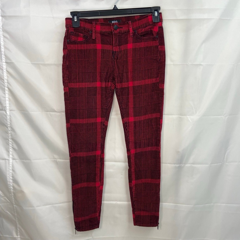 BDG women's red black corduroy plaid zip ankle skinny‎ stretch pants casual 26